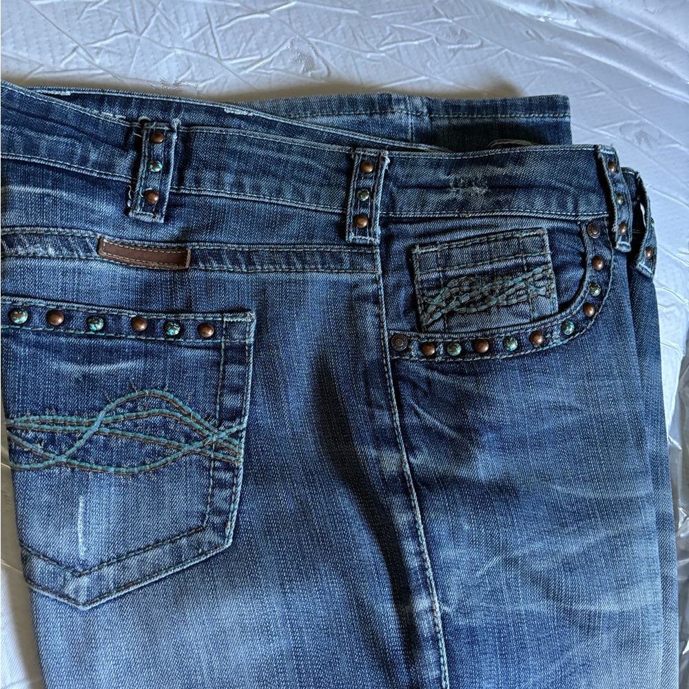 Cowgirl Tuff Wild Mustang Blue Boot Cut Jeans with Embellishments